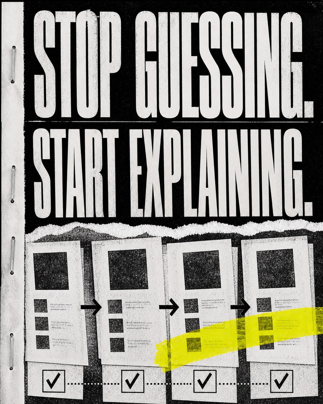LinkedIn graphic reading “STOP GUESSING.
START EXPLAINING.” over a four-step document workflow diagram with arrows, checkmarks, and a yellow highlighter swipe