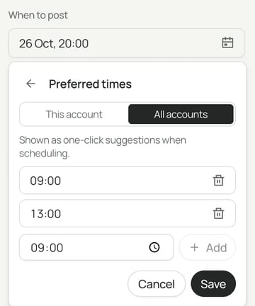 SlideDrift's Preferred times panel under When to post, with 09:00 and 13:00 saved for all accounts and an Add button