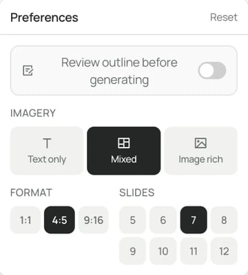 SlideDrift's carousel Preferences with Imagery, Format (1:1, 4:5, 9:16, with 4:5 selected) and Slides (5 to 12) options