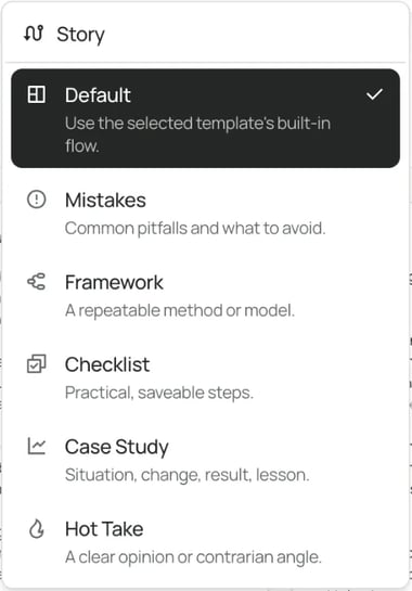 SlideDrift's Story menu for a new carousel with Default, Mistakes, Framework, Checklist, Case Study and Hot Take