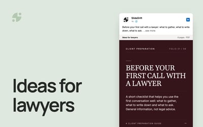 Ideas for lawyers. A LinkedIn post preview of a carousel titled Before your first call with a lawyer, posted by SlideDrift.