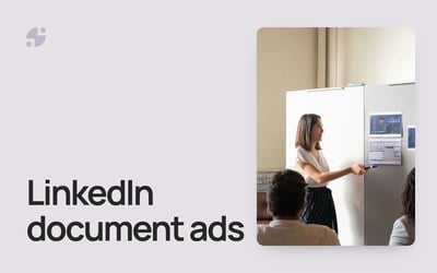 LinkedIn document ads: a woman points to printed charts on a board while two colleagues listen.
