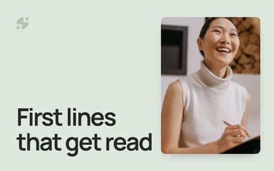 LinkedIn hook ideas. A smiling woman writing notes with a pen, beside the title First lines that get read.