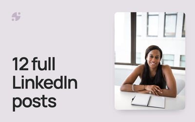 LinkedIn post examples. A smiling consultant at a desk with a notebook, beside the title 12 full LinkedIn posts.