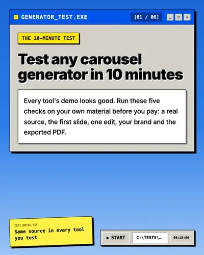 The first slide of a SlideDrift carousel with a retro desktop-window look, a large headline and a yellow note
