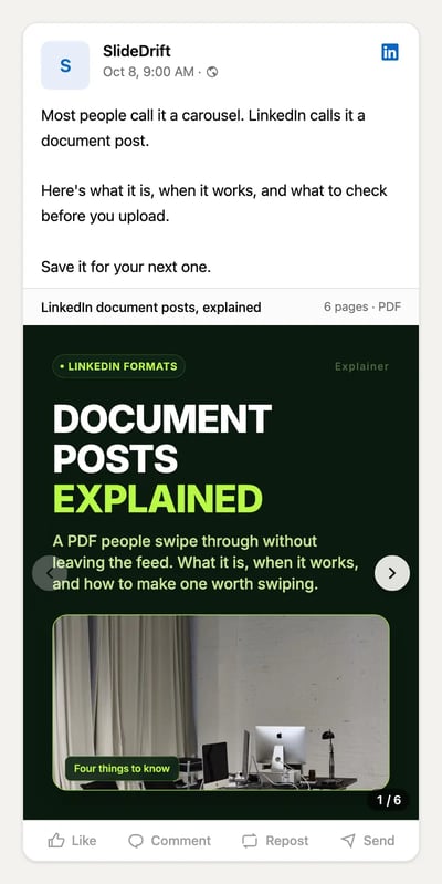 A SlideDrift carousel in the LinkedIn feed: the caption opens with the hook Most people call it a carousel, LinkedIn calls it a document post, and the first slide's headline reads Document posts explained
