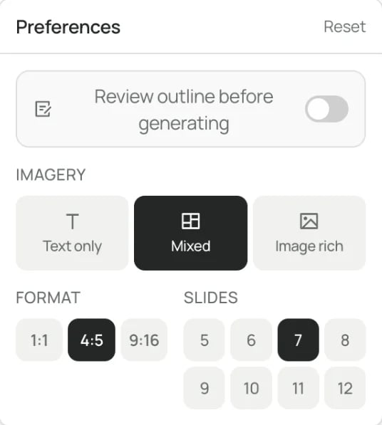 SlideDrift's carousel Preferences with Imagery, Format (1:1, 4:5, 9:16) and Slides (5 to 12) options