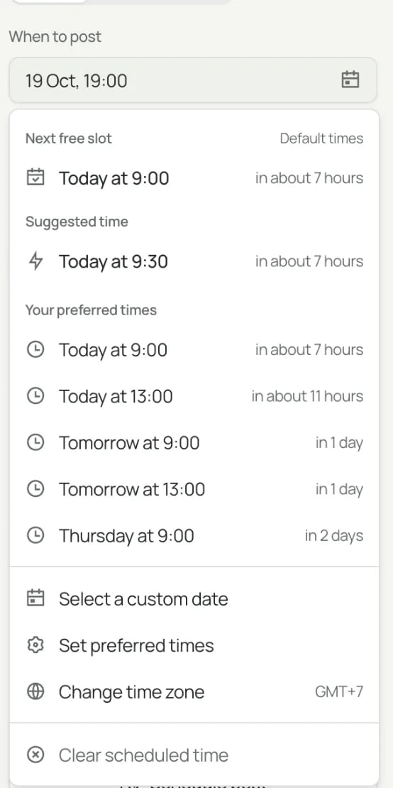 SlideDrift's When to post menu listing the next free slot, a suggested time and preferred posting times for today, tomorrow and Thursday, with options to select a custom date, set preferred times, change the time zone or clear the scheduled time