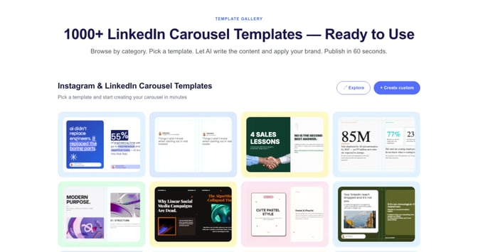 Contentdrips' template gallery section with a grid of LinkedIn and Instagram carousel template previews in pastel frames