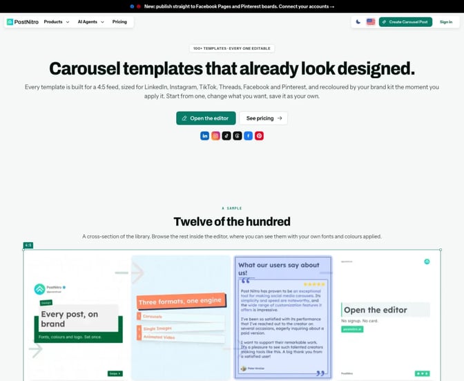 PostNitro's templates page with the headline Carousel templates that already look designed, network icons and a sample grid of templates