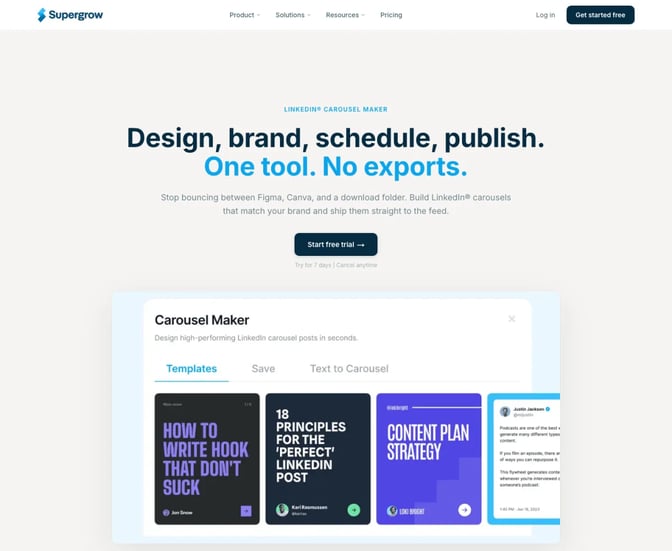 Supergrow's LinkedIn carousel maker page with the headline Design, brand, schedule, publish and a Carousel Maker window showing template previews