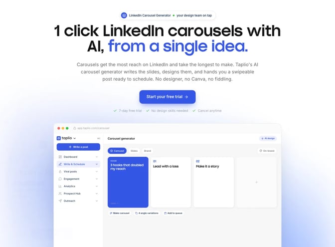 Taplio's LinkedIn carousel generator page with the headline 1 click LinkedIn carousels with AI and a mock-up of its carousel generator