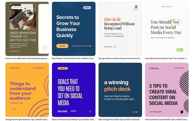 Canva's template search results for LinkedIn carousels, a grid of eight template covers such as Secrets to Grow Your Business Quickly and 3 Tips to Create Viral Content on Social Media