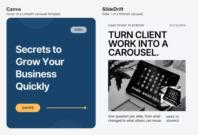 Two carousel covers side by side: a blue Canva template titled Secrets to Grow Your Business Quickly, and a SlideDrift slide titled Turn Client Work Into A Carousel with a black and white photo of a tablet