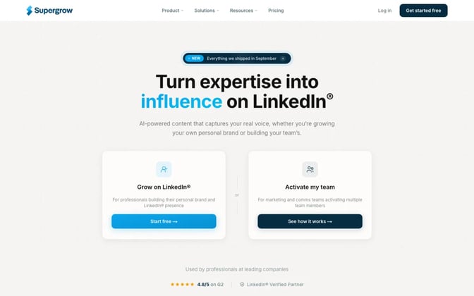 Supergrow's homepage headline, Turn expertise into influence on LinkedIn, with two options: Grow on LinkedIn for individuals and Activate my team for marketing teams