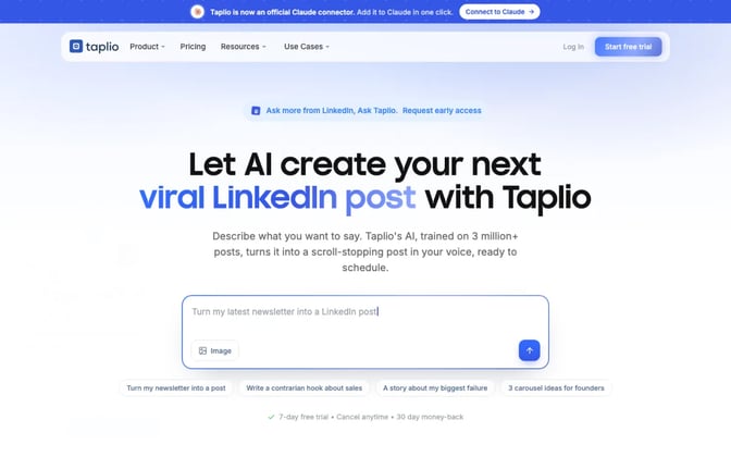 Taplio's homepage headline, Let AI create your next viral LinkedIn post with Taplio, above a prompt box and suggested prompts such as Turn my newsletter into a post