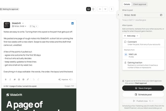 SlideDrift's Add a step menu under After it posts, with Comment, Reshare from a personal profile, and Gaining traction