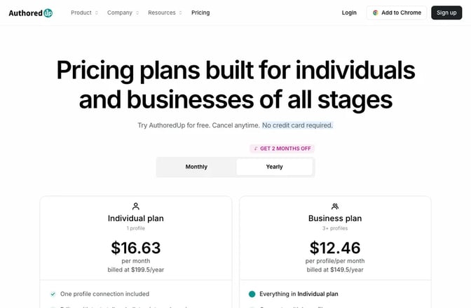 AuthoredUp's pricing page with a Monthly and Yearly switch and the Individual and Business plans on yearly billing