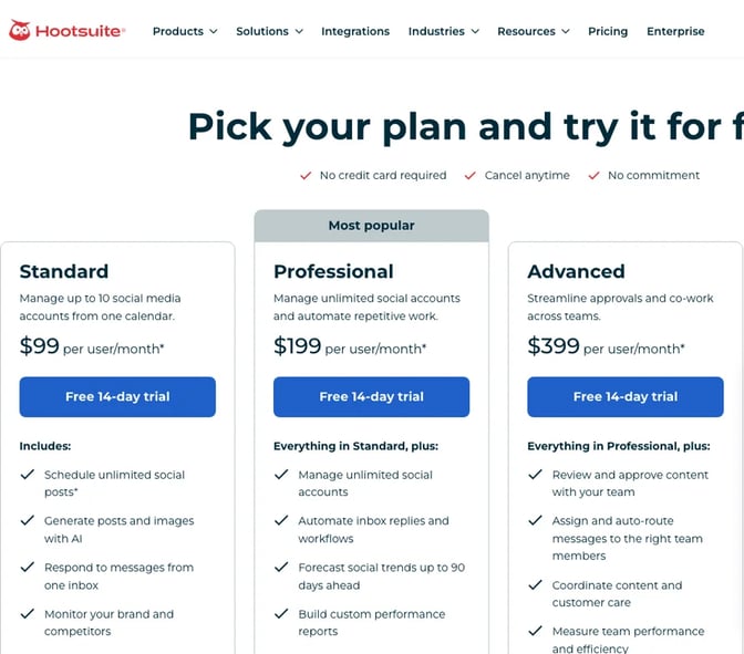 Hootsuite's plans page with the Standard, Professional and Advanced plans priced per user a month and a free 14-day trial button on each