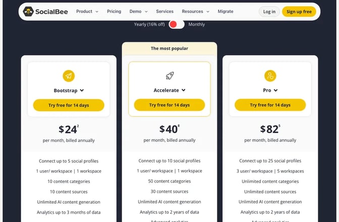 SocialBee's pricing page with the Bootstrap, Accelerate and Pro plans on yearly billing and a 14-day free trial button on each