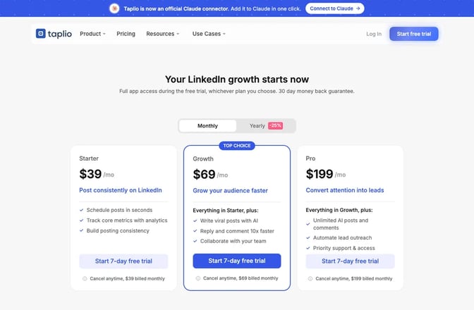 Taplio's pricing page with the Starter, Growth and Pro plans billed monthly and a 7-day free trial button on each