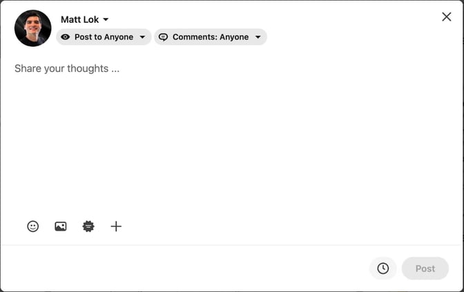 LinkedIn's post composer on desktop, with Post to Anyone, Comments: Anyone, the emoji, image and more buttons, the clock icon and the Post button