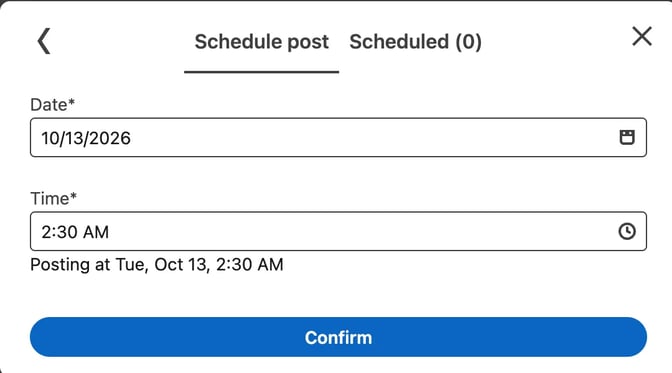 LinkedIn's Schedule post window with a date and time field and a Confirm button