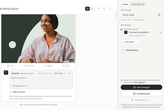 A carousel post in SlideDrift with a comment set to go up right after it posts, and the After it posts steps on the right