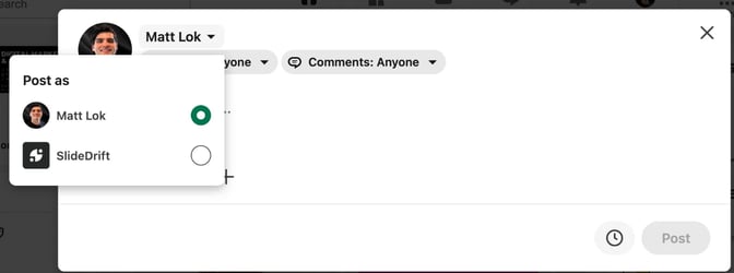 LinkedIn's post window with the Post as menu open, listing a personal profile and a Company Page the member admins