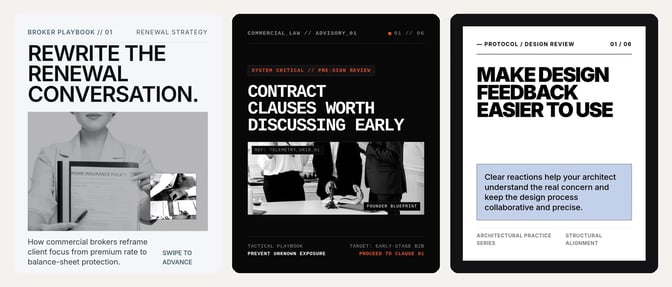 Three SlideDrift template covers in editorial black-and-white styles: Studio Noir, Industrial Precision and Literary Silhouette