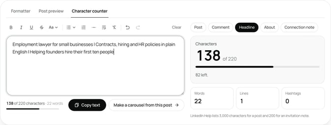 SlideDrift's free LinkedIn character counter with the Headline field selected, showing a draft headline and its character count