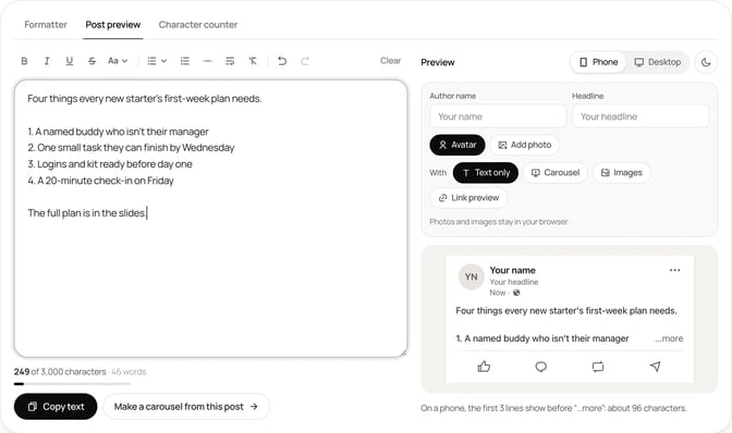 SlideDrift's free LinkedIn post preview in the phone view, showing a checklist post where only the first line and the first item appear above the approximate more cut