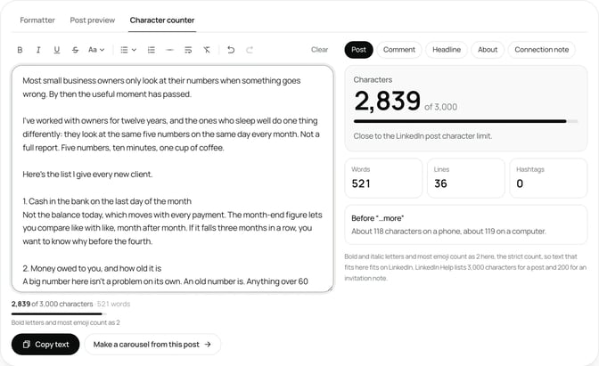 SlideDrift's free LinkedIn character counter with the Post field selected, showing a draft at 2,839 of 3,000 characters and the note that bold letters and most emoji count as 2