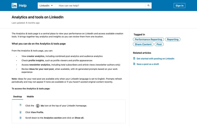 LinkedIn's help page on Analytics and tools, listing creator analytics, profile insights, newsletter analytics and ideas for your next post, with the three steps to open the page from your profile
