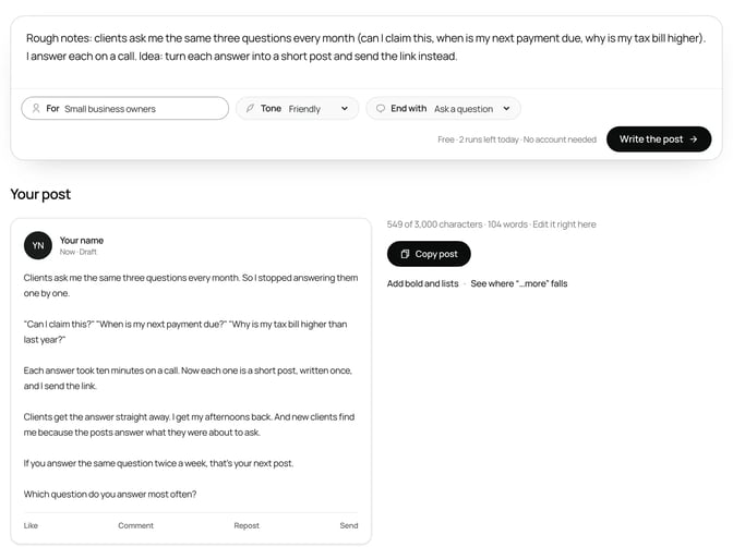 SlideDrift's free LinkedIn post generator with rough notes about client questions pasted in, a tone and audience chosen, and the drafted post below