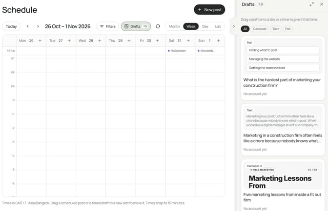 SlideDrift's Schedule page in week view, with a Drafts panel beside it listing a poll, a text post and a carousel ready to drag onto a day