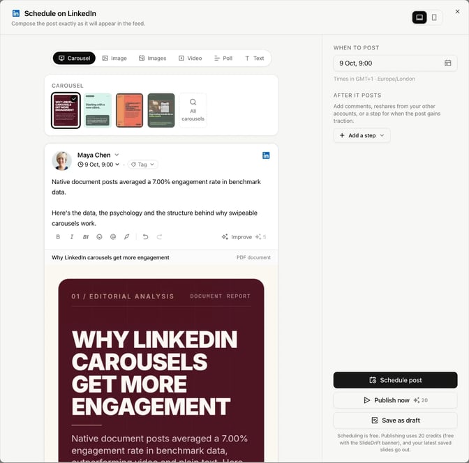 SlideDrift's Schedule on LinkedIn window with a made-up member's carousel post: caption, carousel picker, a 9 Oct 9:00 time, and Schedule post, Publish now and Save as draft buttons