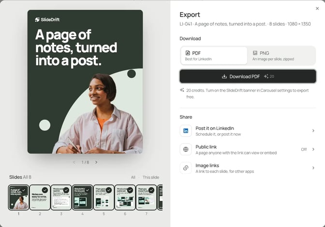 SlideDrift's Export panel for an 8-slide 1080 × 1350 carousel, with PDF marked best for LinkedIn and options to post it on LinkedIn or share a public link