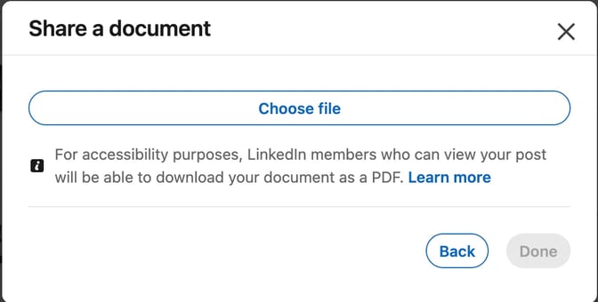 LinkedIn's Share a document window with a Choose file button and a note that members who can view the post can download the document as a PDF