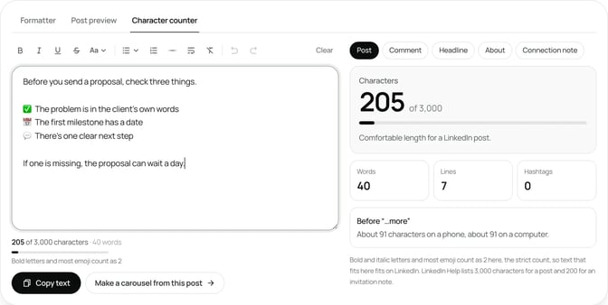 SlideDrift's free LinkedIn character counter showing a post with several emoji, the note that most emoji count as two, and the total against the 3,000-character limit