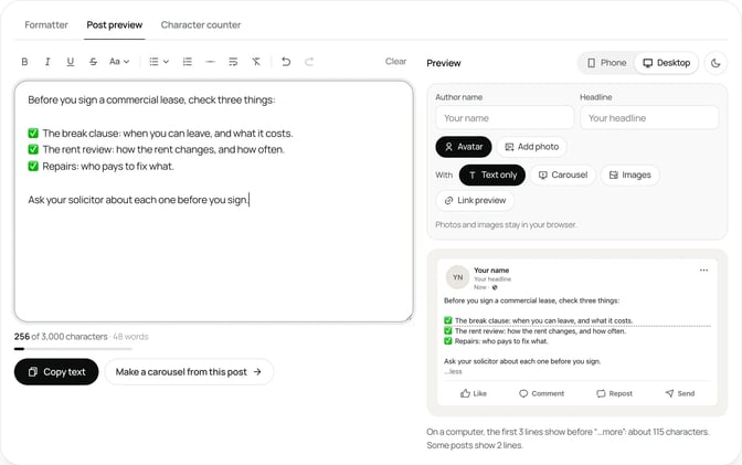 SlideDrift's free LinkedIn post preview in the desktop view, showing the commercial lease checklist with a check mark at the start of each of the three items