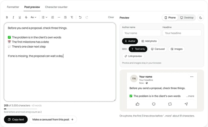 SlideDrift's free LinkedIn post preview showing a short post that uses three emoji as list markers, in the phone view with the see more cut