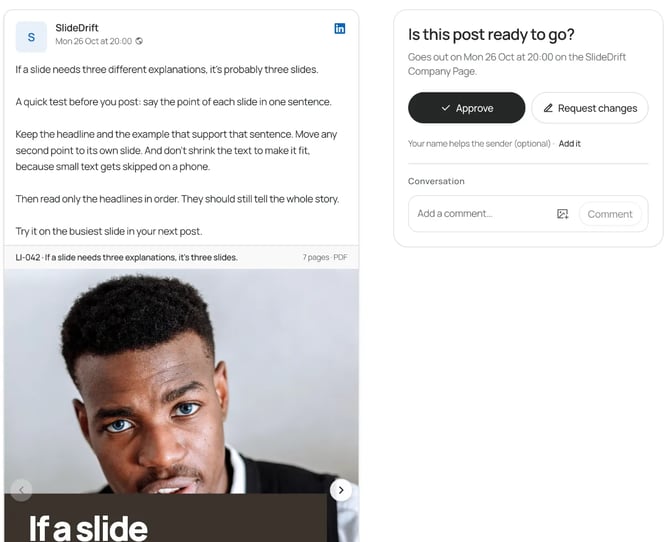 SlideDrift's client review page showing a LinkedIn post preview on the left and Approve and Request changes buttons with a comment box on the right