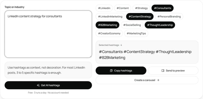 SlideDrift's free LinkedIn hashtag generator with a topic typed in, a row of suggested hashtags, four of them selected, and the Copy hashtags button