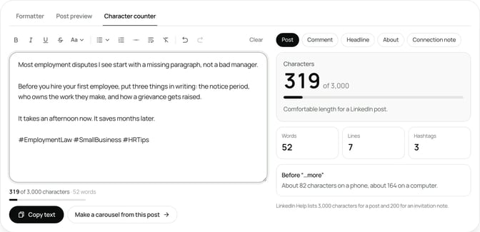SlideDrift's free LinkedIn character counter showing a short post that ends with three hashtags, with the hashtag count of 3 next to the words and lines