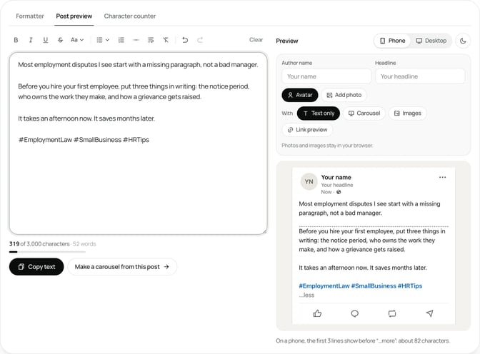 SlideDrift's free LinkedIn post preview showing a short post with three hashtags on the last line, drawn in LinkedIn's blue, in the phone view