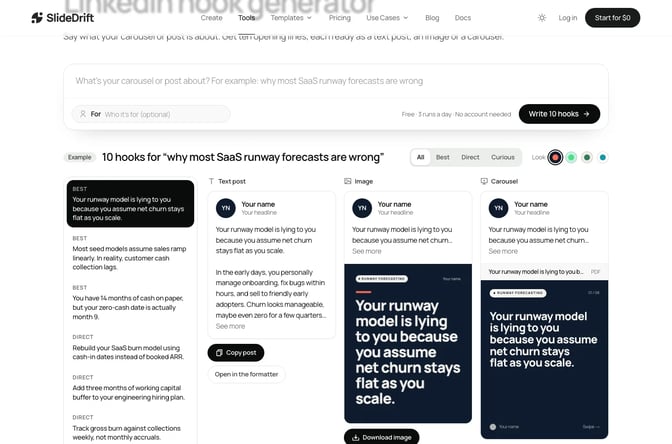 SlideDrift's free LinkedIn hook generator showing ten hooks for one topic with Best, Direct and Curious filters, and the selected hook previewed as a text post, an image and a carousel cover