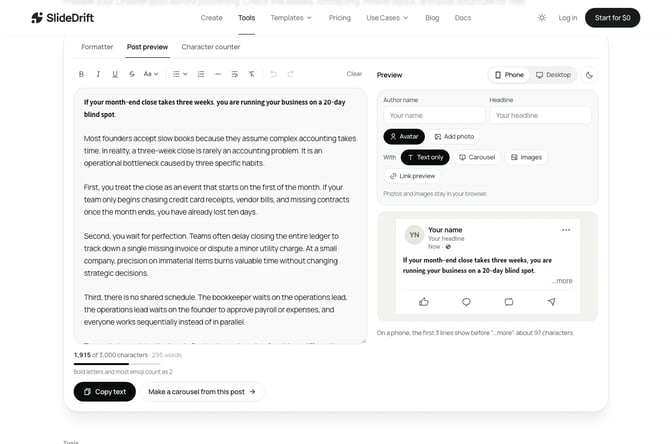 SlideDrift's free LinkedIn post preview with a draft post whose first two lines sit above the approximate see more cut in the mobile preview