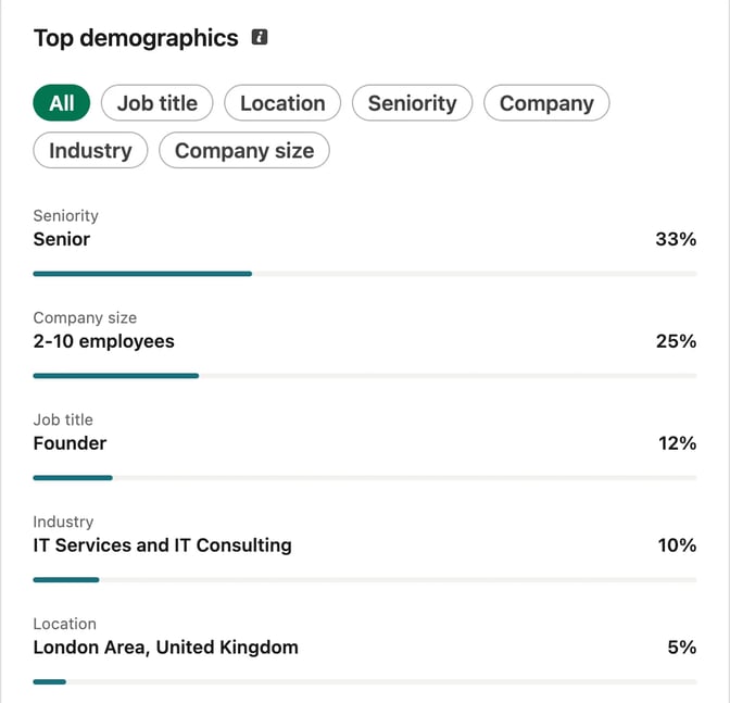 LinkedIn's Top demographics for a profile's followers: 33% senior, 25% at companies of 2 to 10 people, 12% founders, 10% in IT services and consulting, 5% in the London area