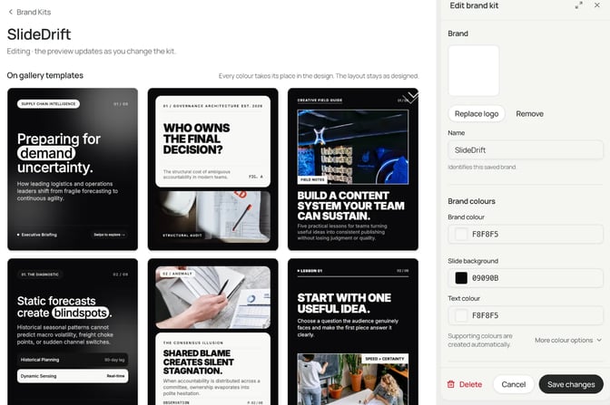 SlideDrift's brand kit editor with brand colour, slide background and text colour fields on the right and carousel templates previewed in those colours on the left